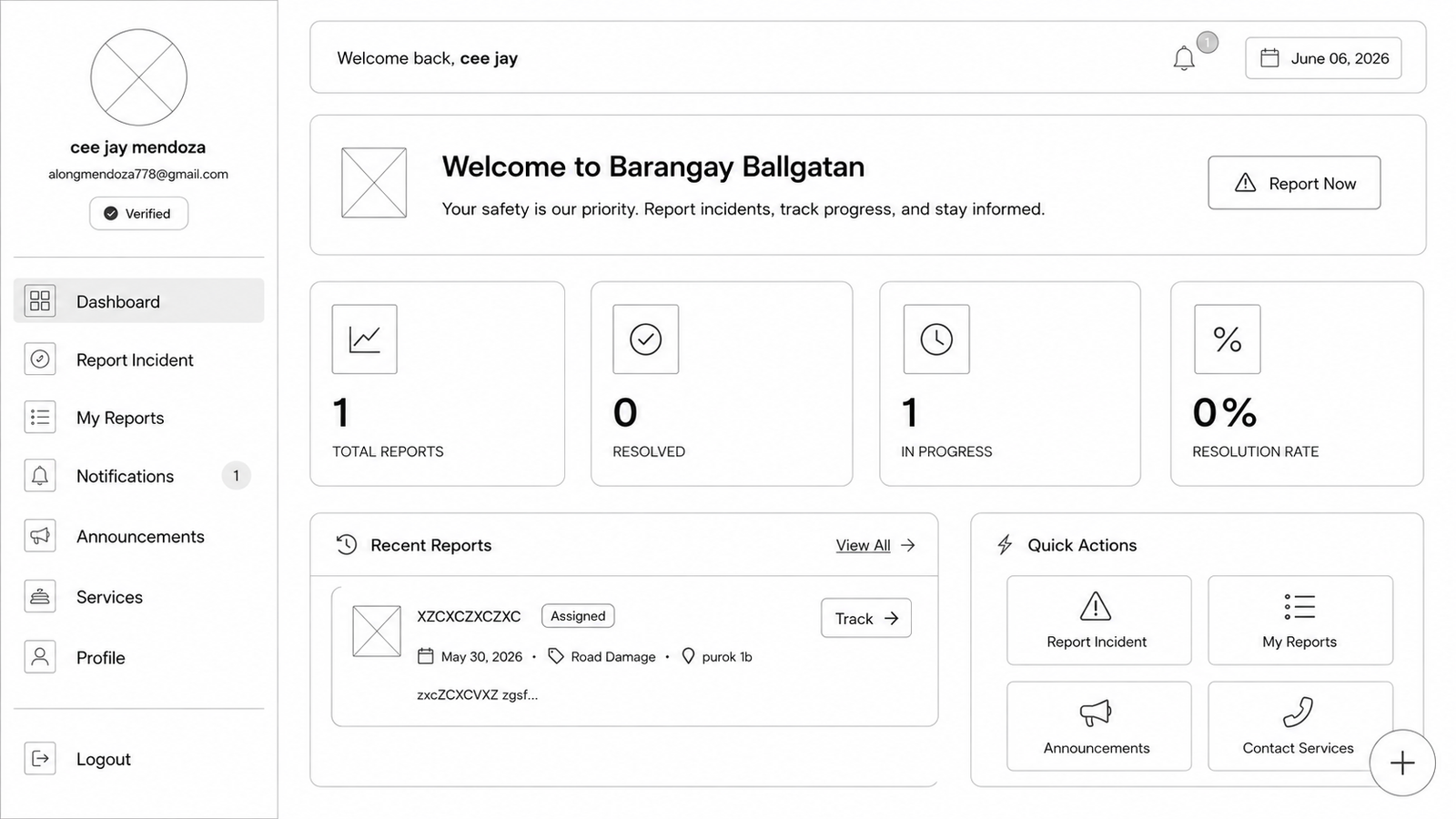Resident Dashboard Wireframe